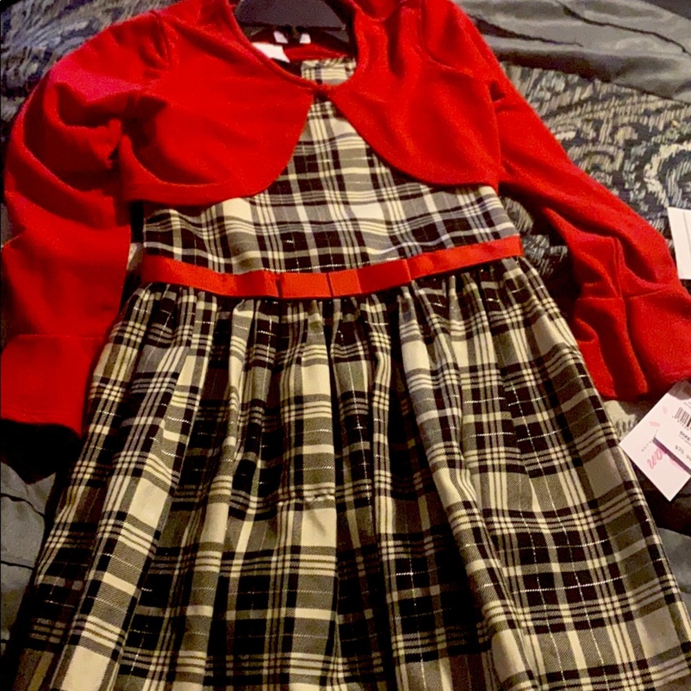 Black and white plaid dress with red mini cardigan
